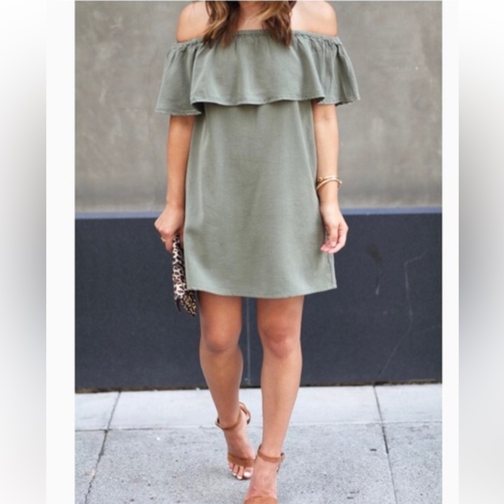 Topshop olive green ruffle off shoulder dress 6